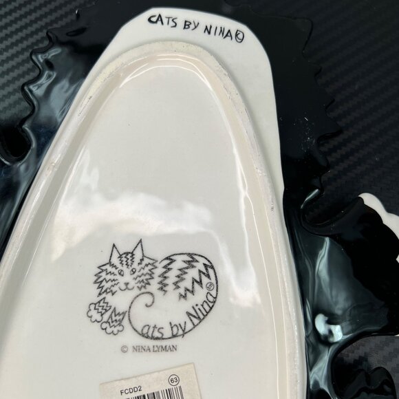 Cats by Nina Lyman Black White Ceramic Plate Platter Orange Eyes Laying on Back - Picture 7 of 11